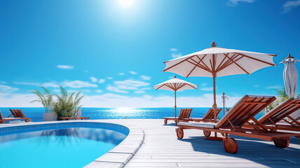 Summer vacation at poolside. Veranda decorated with deck chairs and umbrella with an ocean view with blue sky at sunny day. Generative Ai