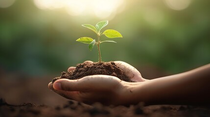 Hands of farmer growing and nurturing tree growing on fertile soil, Earth day concept, Generative AI - obrazy, fototapety, plakaty