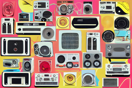 Pop art collage of vintage radios, record players, projectors, vhs recorders, etc. (AI-generated fictional illustration)
