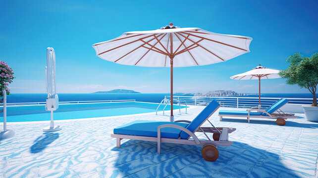 Summer vacation at poolside. Veranda decorated with deck chairs and umbrella with an ocean view with blue sky at sunny day. Generative Ai