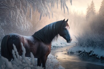 beautiful winter nature with horse and fantasy dreamy mood, Generative ai
