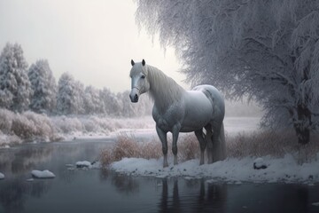 Obraz na płótnie Canvas beautiful winter nature with horse and fantasy dreamy mood, Generative ai