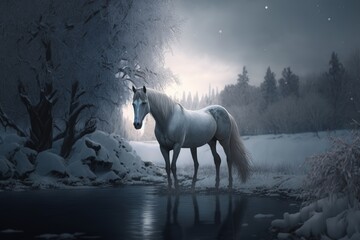 Obraz na płótnie Canvas beautiful winter nature with horse and fantasy dreamy mood, Generative ai