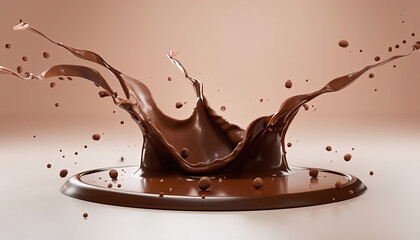 Chocolate Splash with Podium Mockup Background, 3D Rendering for Milk Product Display, design elements, creative projects, food photography, product display, product presentation,Product Advertising. 