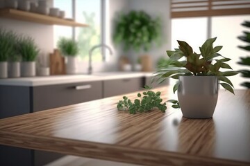 Wooden table top on blur kitchen room background, Modern Contemporary kitchen room interior with green plants, Generative ai