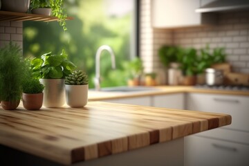 Fototapeta na wymiar Wooden table top on blur kitchen room background, Modern Contemporary kitchen room interior with green plants, Generative ai