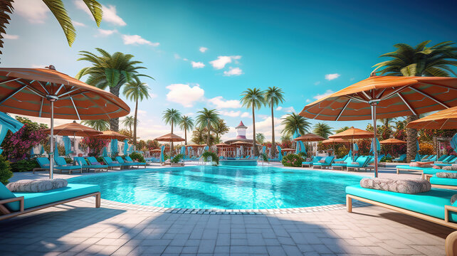 Luxurious beach resort with swimming pool and beach chairs or loungers under umbrellas with palm trees and blue sky. Generative Ai