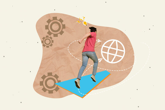 Creative composite photo illustration concept collage of excited man running search information in browser isolated colorful background