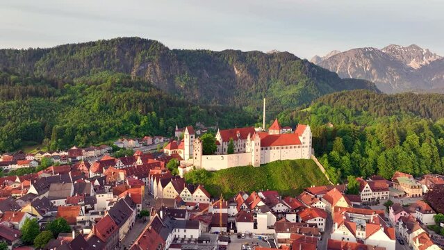 Aerial view over the medieval town Fussen, river and countryside and mountain, Germany