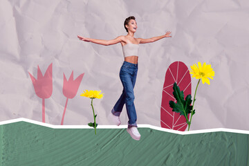 Creative sketch 3d magazine of young girl running have fun carefree growing yellow daisy flower garden isolated on purple background