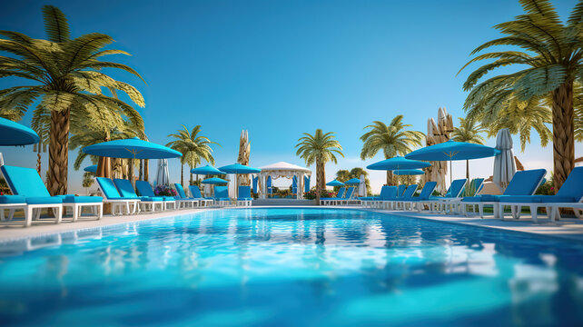 Luxurious beach resort with swimming pool and beach chairs or loungers under umbrellas with palm trees and blue sky. Generative Ai