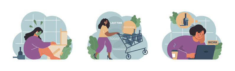 Female alcoholism set. Woman suffering from hard drinking, alcohol