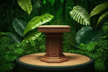 Wooden podium in tropical forest for product presentation and green background, Generative ai