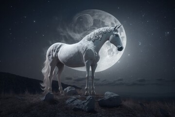 Obraz na płótnie Canvas A white horse stands amidst a starry sky, Generative ai