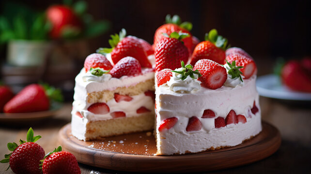 delicious strawberry cake with cream on wooden table. Generative Ai