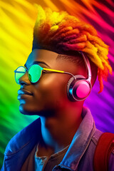 Young male wearing glasses and headphones, rainbow aesthetic; concept of LGBT pride, LGBTQ people, LGBTQ rights campaign. Created with Generative AI technology
