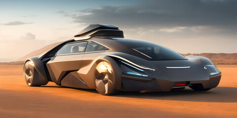 Obraz na płótnie Canvas Sci-fi car of the future in the desert