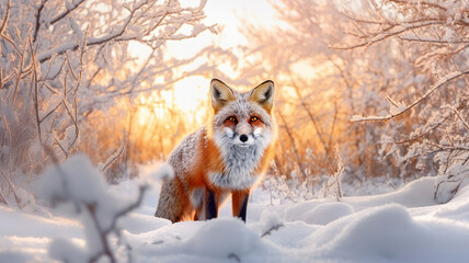 Naklejka premium Fox on the winter forest meadow with white snow. Generative Ai