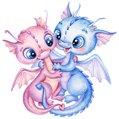 Cute hugging couple dragons. Cartoon love of two little dragons. Funny pair dinosaur. Hand drawn watercolor illustration. Valentines Day card. New Year 2024. Baby fantasy characters mythical animals