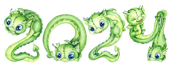 Cartoon green baby Dragons in shape decorative Number 2024 for Children's calendar. Happy Chinese New Year 2024, symbol of lunar New Year of the Dragon. Hand drawn watercolor illustration