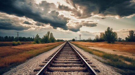 Fototapeta na wymiar Railroad track and cloudy sky in the countryside made with Ai generative technology