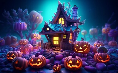 3d halloween background with spooky pumpkins and colorful house