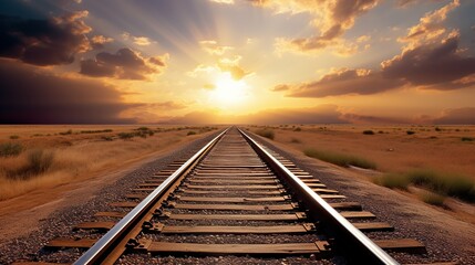 Fototapeta na wymiar Railroad track with sunset in the countryside made with Ai generative technology