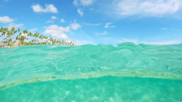 Half underwater slow motion of clear turquoise sea water. Idyllic vacations in the resort at the tropical white sand beach with palm trees on the Caribbean