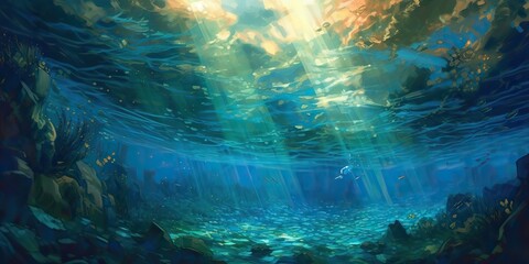 Obraz premium AI Generated. AI Generative. Underworld under water sea ocean diving life flora fauna adventure vacation trip photo illustration. Graphic Art