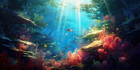 Obraz na płótnie Canvas AI Generated. AI Generative. Underworld under water sea ocean diving life flora fauna adventure vacation trip photo illustration. Graphic Art