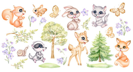 Watercolor Forest animals. Set of cute woodland characters. Baby deer, squirrel, little fox, wolf, bunny, hare, badger, butterfly, moth, flowers and tree. Hand-painted wildlife. - 609941347