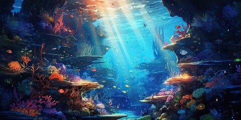 AI Generated. AI Generative. Underworld under water sea ocean diving life flora fauna adventure vacation trip photo illustration. Graphic Art