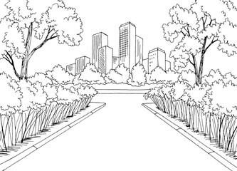 Street with bushes graphic black white cityscape sketch illustration vector - 609943319