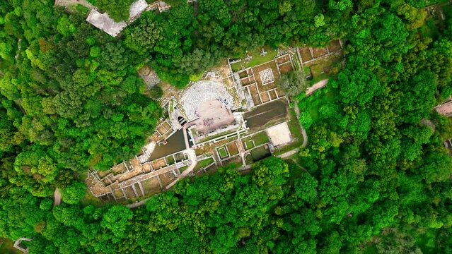 Shot drone cenital Butrint Roman amphitheater and ruins in Albania