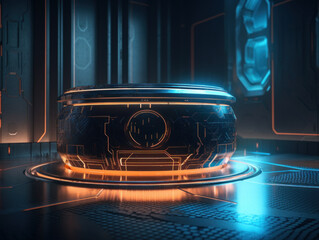 Futuristic sci-fi room with neon lights Round podium created with Generative AI technology.