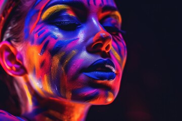 Close-up woman face in neon light, portrait of beautiful model with fluorescent make-up, design of female disco dancers, concept of digital creative. AI Generated.