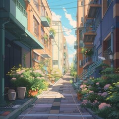 Fototapeta na wymiar LOFI street illustration, colorful anime manga style wallpaper background design, Generative AI