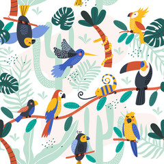 Obraz premium Summer seamless pattern with tropical birds, palm leaves . Vector illustrations