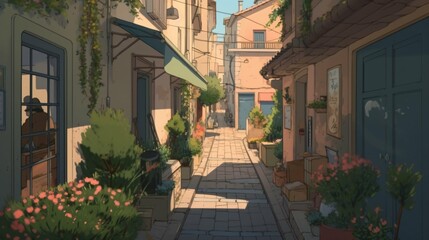 Fototapeta na wymiar LOFI house on the streets, anime manga style illustration, background wallpaper