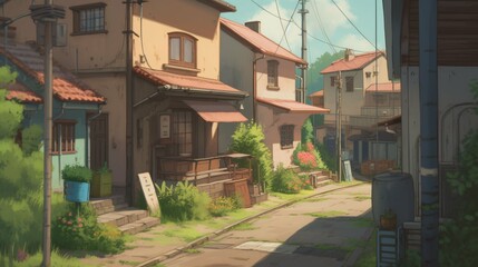 Fototapeta na wymiar LOFI street illustration, colorful anime manga style wallpaper background design, Generative AI