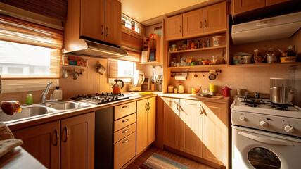 cozy kitchen interior in the trailer of mobile home or recreational vehicle. Generative Ai
