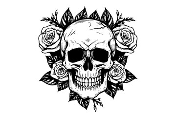 Fototapeta premium Human skull in a flower frame woodcut style. Vector engraving sketch illustration for tattoo and print design.