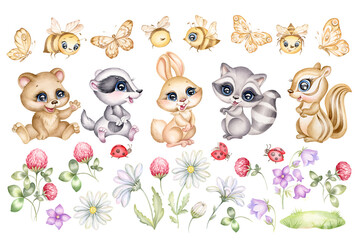 Baby forest animals and summer flowers. Watercolor cute woodland animals. Little bear, hare, bunny, chipmunk, raccoon, butterfly and bee. Hand drawing illustration.