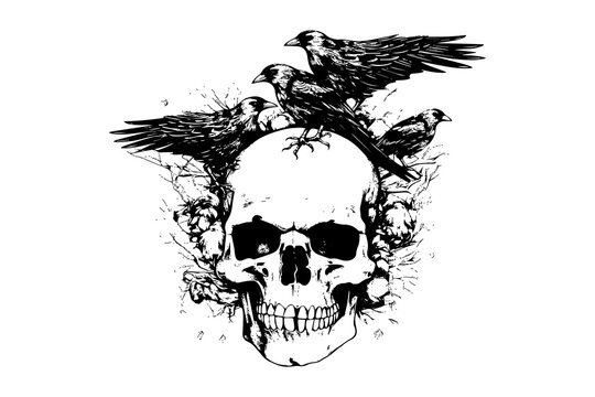 Human skull with birds in woodcut style. Vector engraving sketch illustration for tattoo and print design.