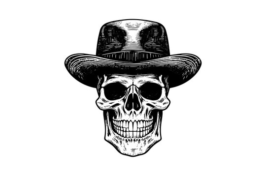 Human skull in a hat in woodcut style. Vector engraving sketch illustration for tattoo and print design.