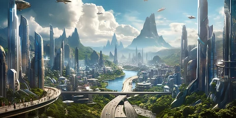 Fotobehang futuristic high-tech city with advanced infrastructure, science fiction cityscape, fictional landscape created with generative ai © CROCOTHERY