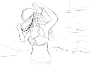 Woman at the beach wearing a hat vector line art