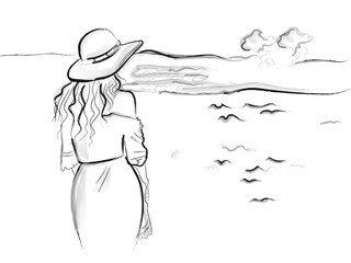 Woman at the beach wearing a hat vector line art