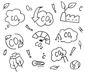 ecology set. carbon dioxide. CO2. doodle art. vector drawing. black and white color. the icon is drawn manually. on a white background. easy drawing.