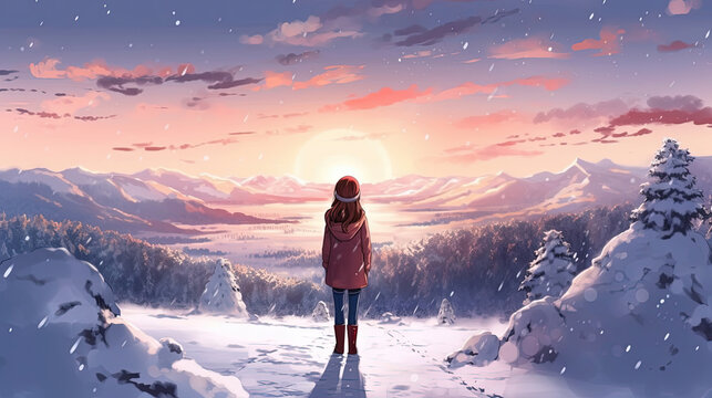 Anime girl in winter clothes stands on a snowy hill